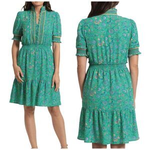 London Times Green Floral Puff Sleeve Smocked Dress Cottagecore Size 12